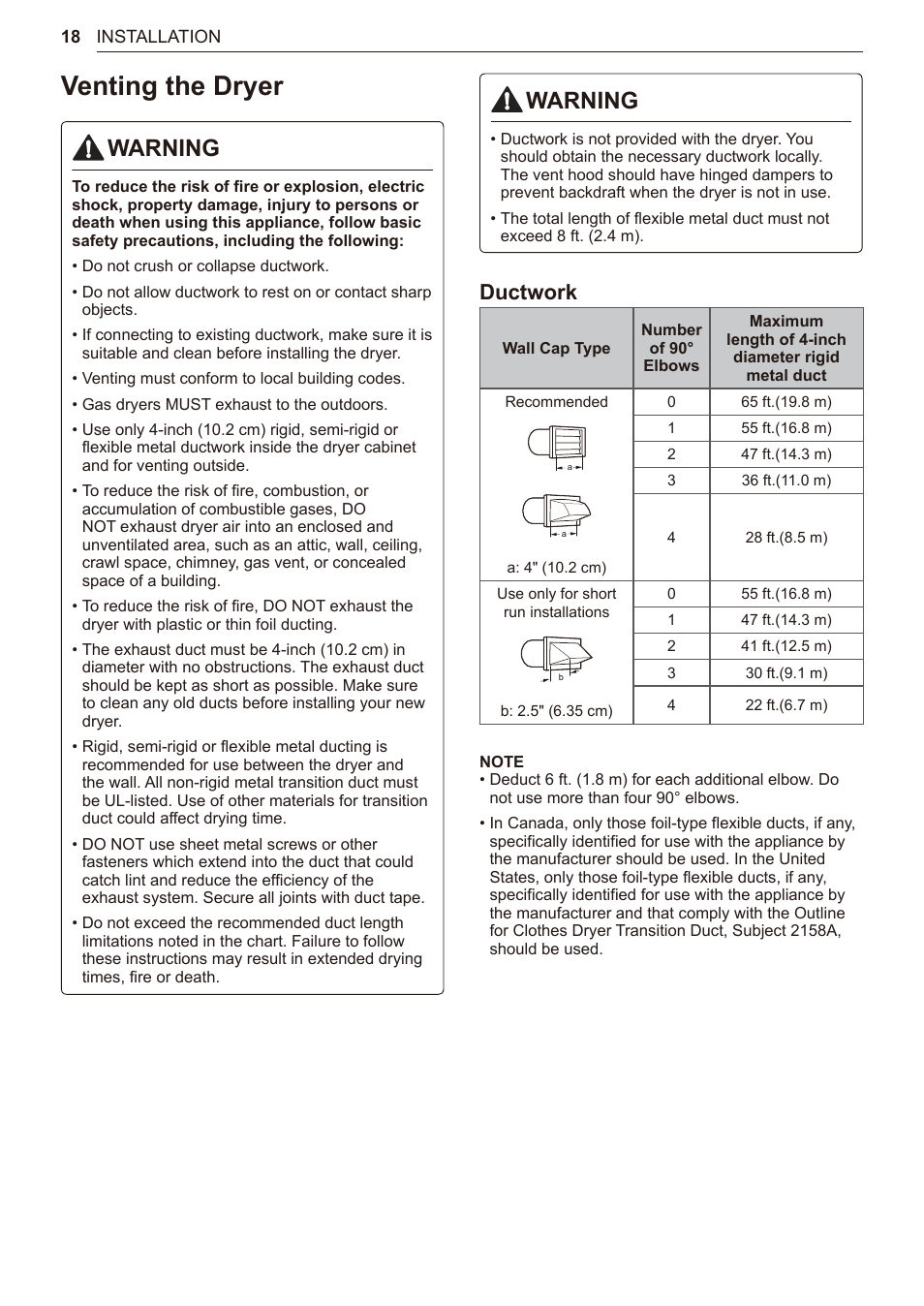 Venting the dryer, 18 venting the dryer, Warning | Ductwork | LG TurboSteam Series 27 Inch Electric Dryer User Manual and Installation Guide User Manual | Page 18 / 124