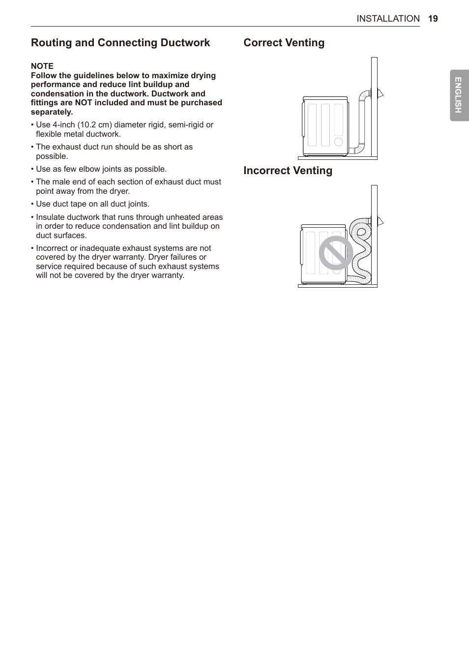 Routing and connecting ductwork, Correct venting incorrect venting | LG TurboSteam Series 27 Inch Electric Dryer User Manual and Installation Guide User Manual | Page 19 / 124