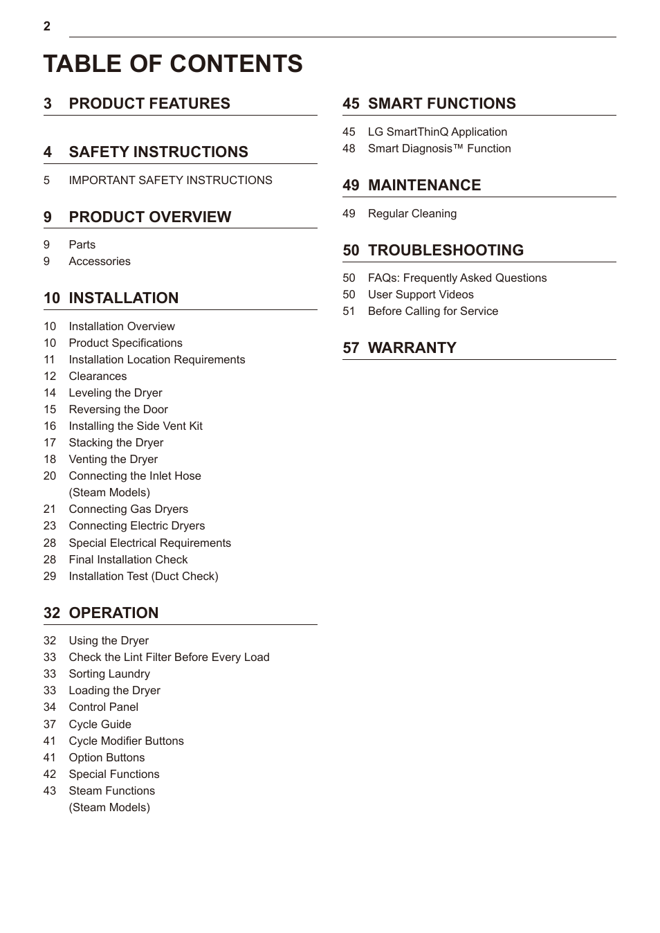 LG TurboSteam Series 27 Inch Electric Dryer User Manual and Installation Guide User Manual | Page 2 / 124
