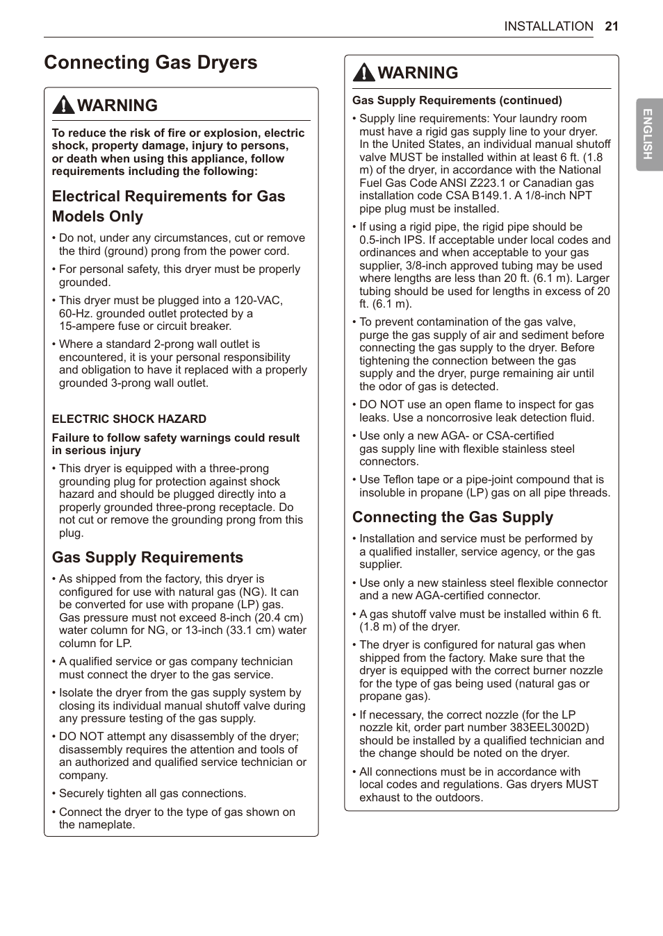Connecting gas dryers, 21 connecting gas dryers, Warning | Electrical requirements for gas models only, Gas supply requirements, Connecting the gas supply | LG TurboSteam Series 27 Inch Electric Dryer User Manual and Installation Guide User Manual | Page 21 / 124