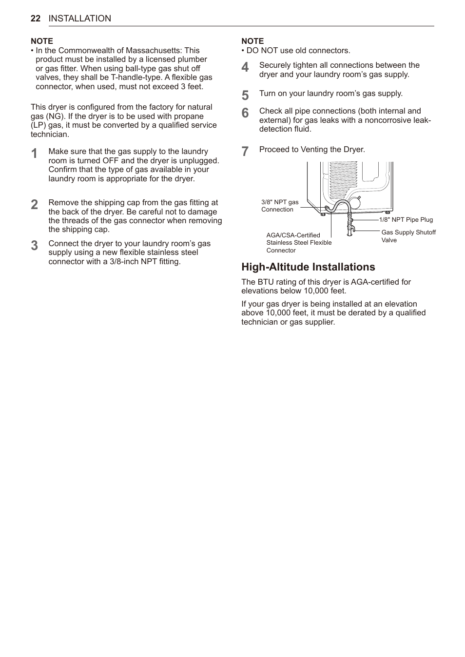 High-altitude installations | LG TurboSteam Series 27 Inch Electric Dryer User Manual and Installation Guide User Manual | Page 22 / 124