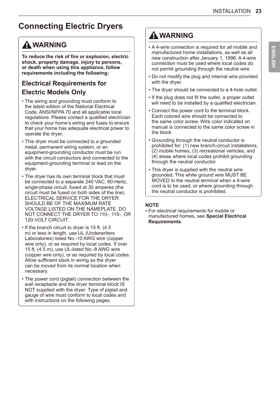 Connecting electric dryers, 23 connecting electric dryers, Warning | Electrical requirements for electric models only | LG TurboSteam Series 27 Inch Electric Dryer User Manual and Installation Guide User Manual | Page 23 / 124