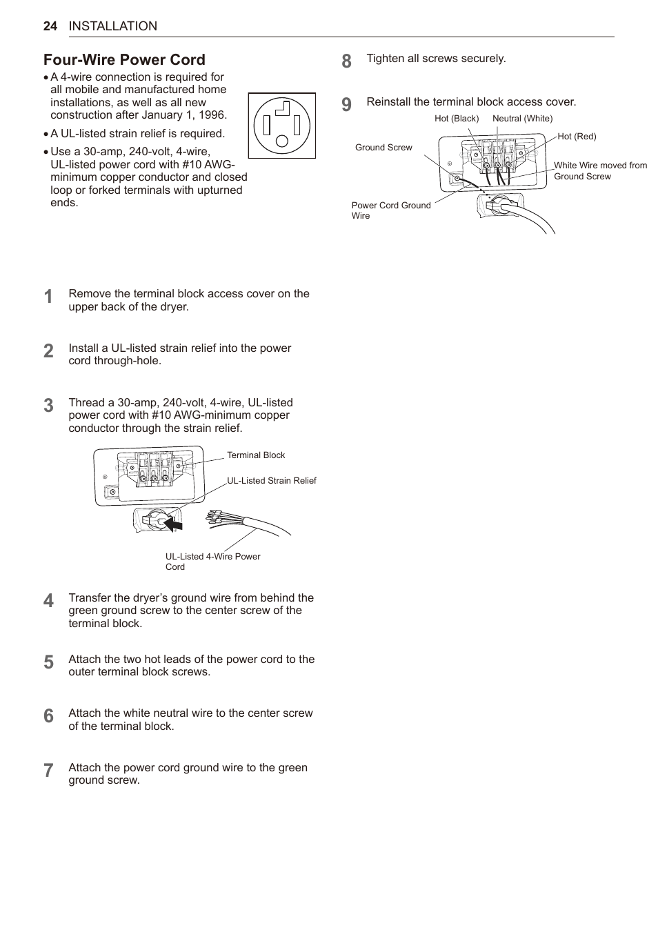 Four-wire power cord | LG TurboSteam Series 27 Inch Electric Dryer User Manual and Installation Guide User Manual | Page 24 / 124