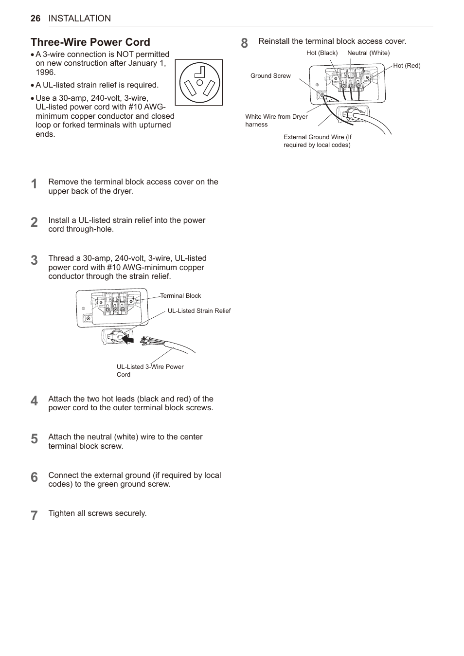 Three-wire power cord | LG TurboSteam Series 27 Inch Electric Dryer User Manual and Installation Guide User Manual | Page 26 / 124