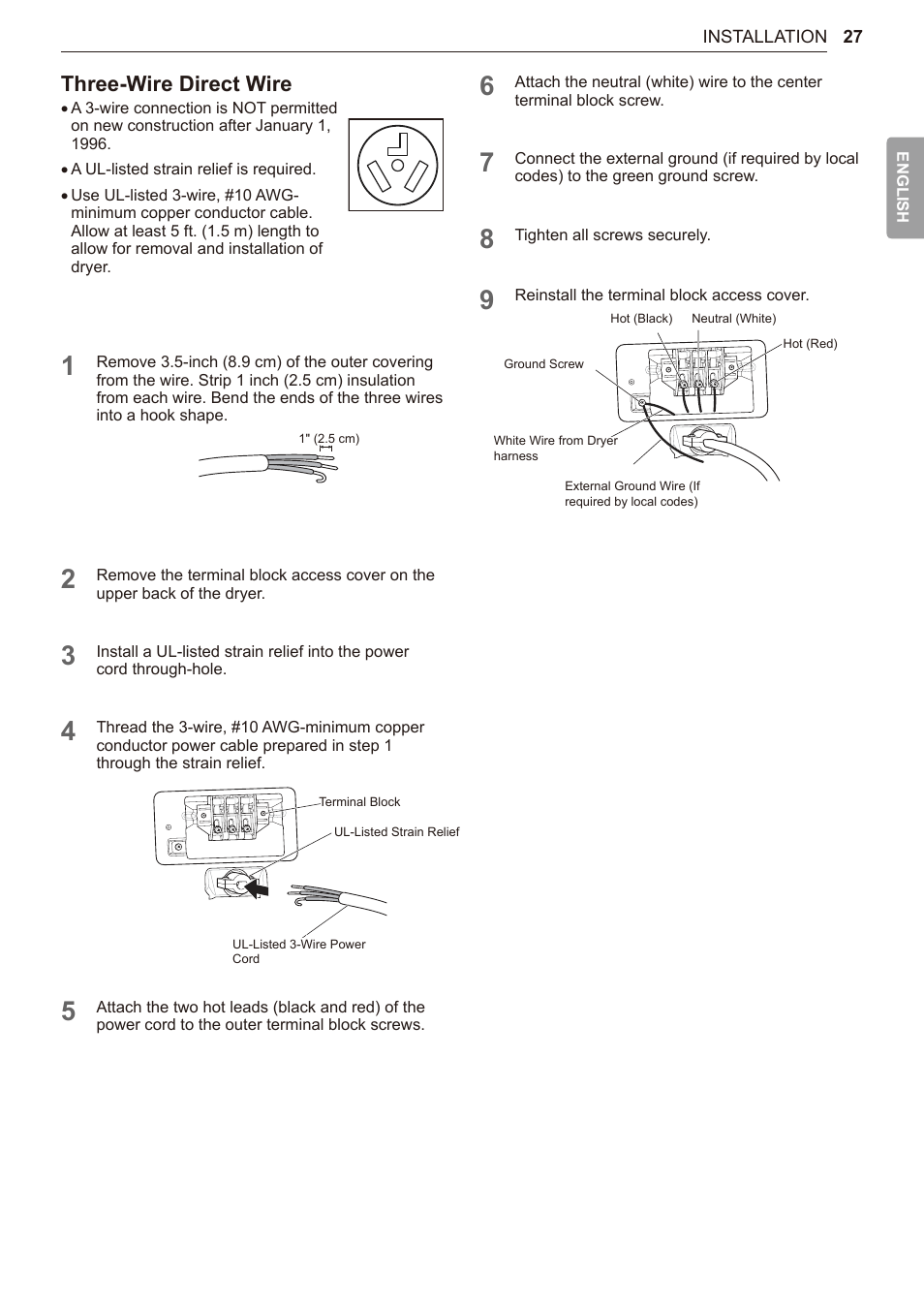 Three-wire direct wire | LG TurboSteam Series 27 Inch Electric Dryer User Manual and Installation Guide User Manual | Page 27 / 124