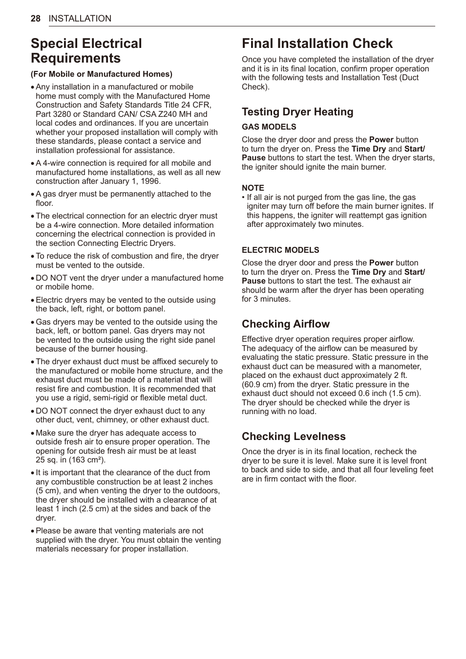Special electrical requirements, Final installation check, Testing dryer heating | Checking airflow, Checking levelness | LG TurboSteam Series 27 Inch Electric Dryer User Manual and Installation Guide User Manual | Page 28 / 124