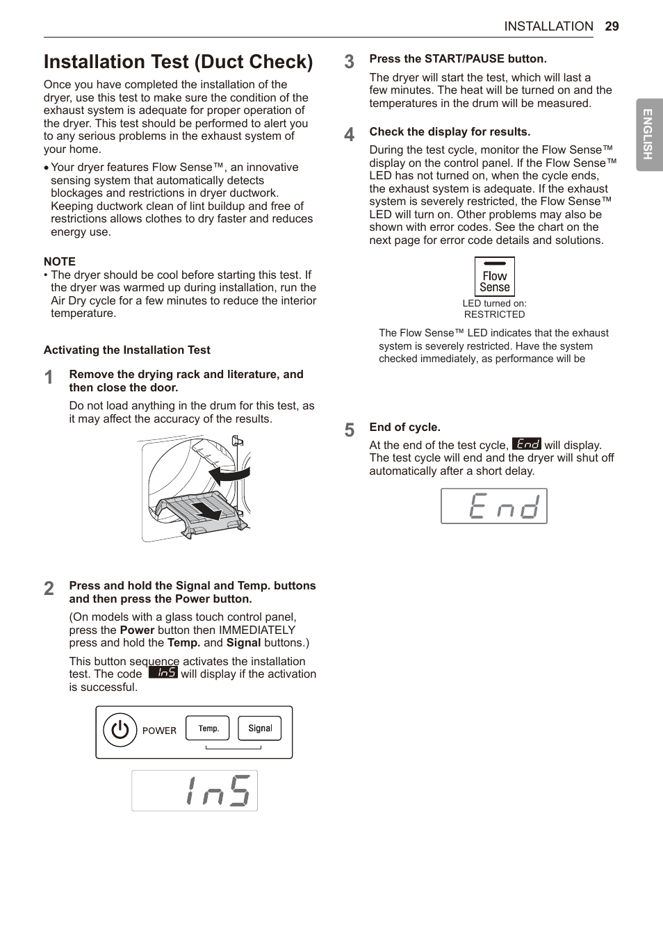 Installation test (duct check), 29 installation test (duct check) | LG TurboSteam Series 27 Inch Electric Dryer User Manual and Installation Guide User Manual | Page 29 / 124