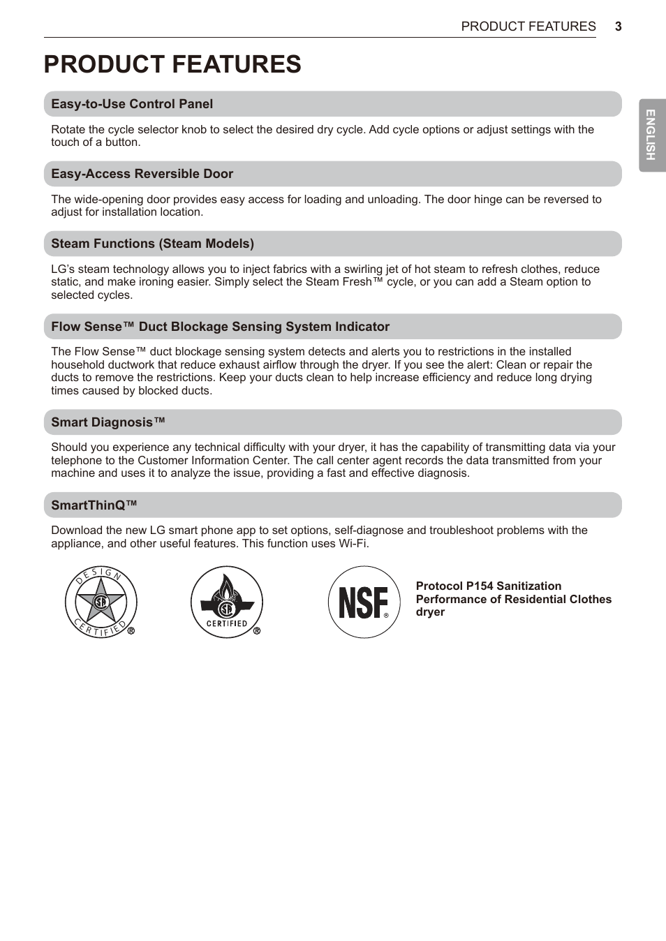 Product features, 3 product features | LG TurboSteam Series 27 Inch Electric Dryer User Manual and Installation Guide User Manual | Page 3 / 124