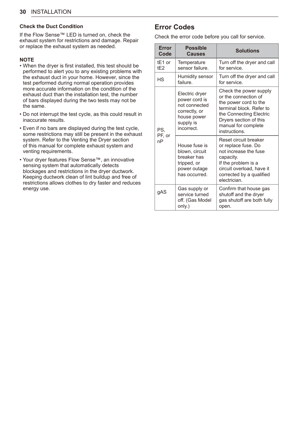 Error codes | LG TurboSteam Series 27 Inch Electric Dryer User Manual and Installation Guide User Manual | Page 30 / 124