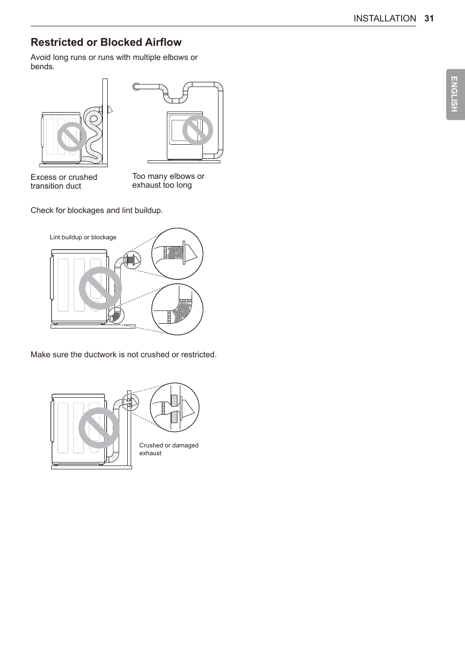 Restricted or blocked airflow | LG TurboSteam Series 27 Inch Electric Dryer User Manual and Installation Guide User Manual | Page 31 / 124