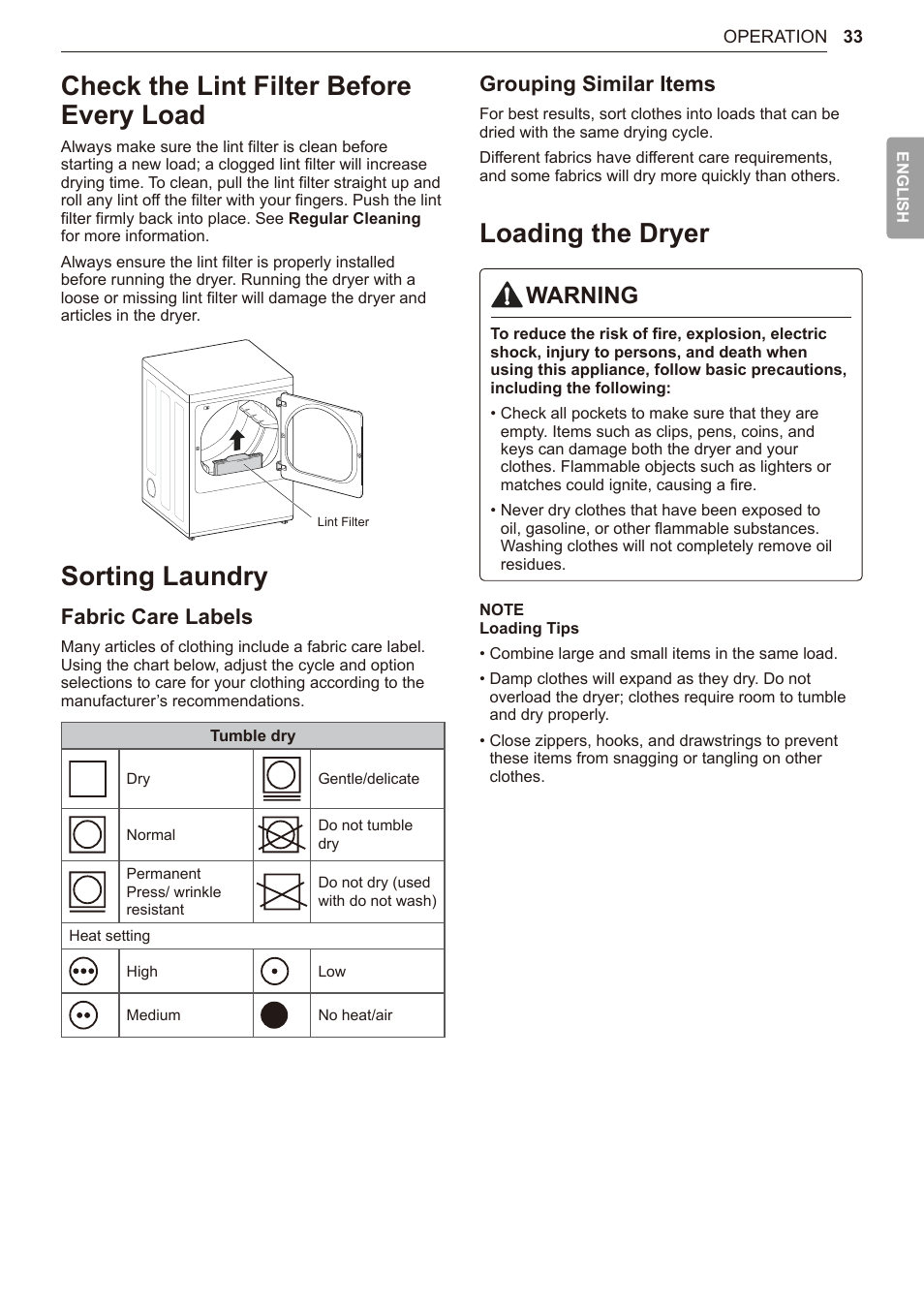 Check the lint filter before every load, Sorting laundry, Loading the dryer | Warning, Fabric care labels, Grouping similar items | LG TurboSteam Series 27 Inch Electric Dryer User Manual and Installation Guide User Manual | Page 33 / 124