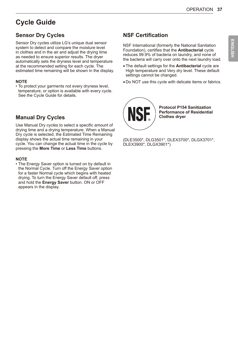 Cycle guide, 37 cycle guide, Sensor dry cycles | Manual dry cycles, Nsf certification | LG TurboSteam Series 27 Inch Electric Dryer User Manual and Installation Guide User Manual | Page 37 / 124