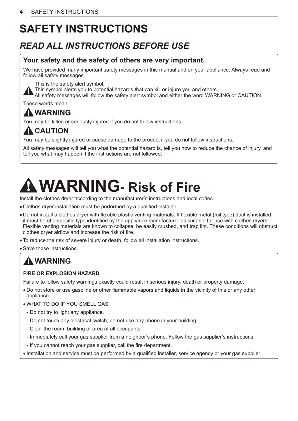 Safety instructions, 4 safety instructions, Risk of fire | Read all instructions before use, Warning, Caution | LG TurboSteam Series 27 Inch Electric Dryer User Manual and Installation Guide User Manual | Page 4 / 124