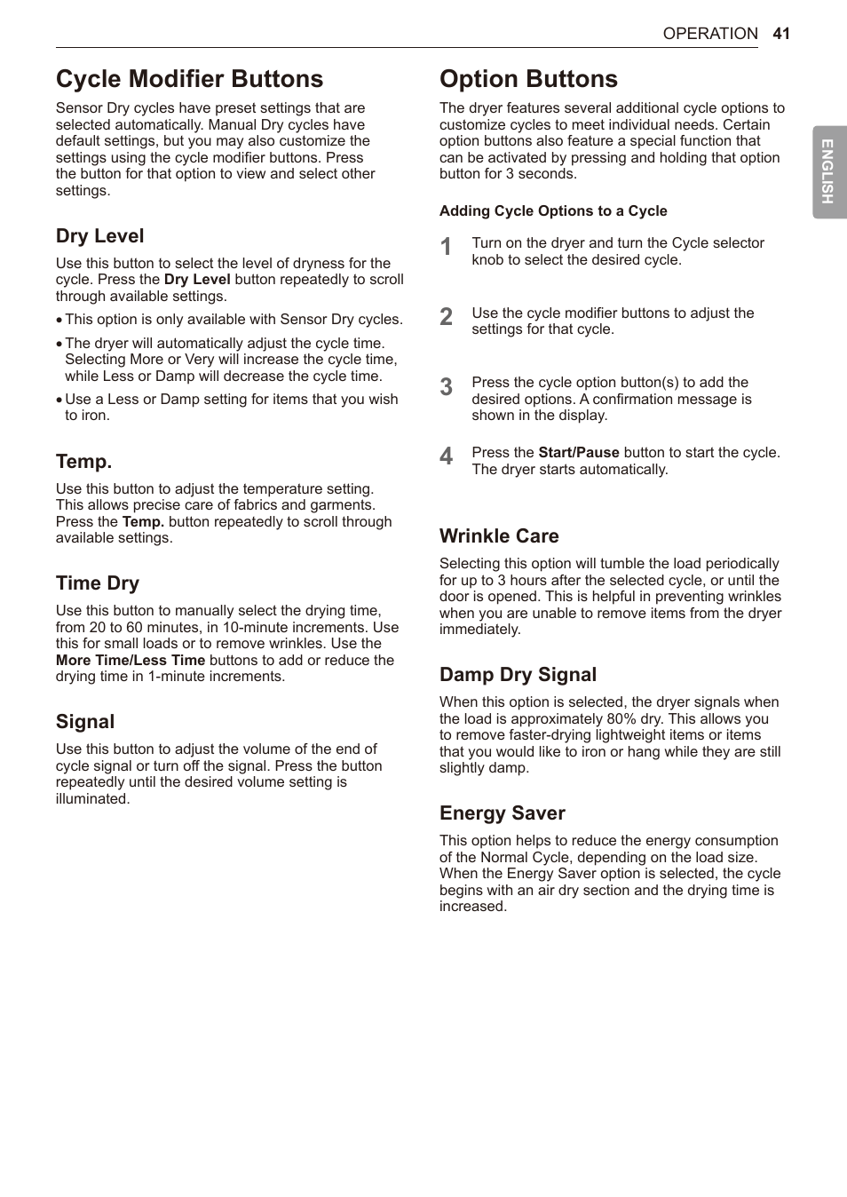 Cycle modifier buttons, Option buttons, 41 cycle modifier buttons 41 option buttons | Dry level, Temp, Time dry, Signal, Wrinkle care, Damp dry signal, Energy saver | LG TurboSteam Series 27 Inch Electric Dryer User Manual and Installation Guide User Manual | Page 41 / 124