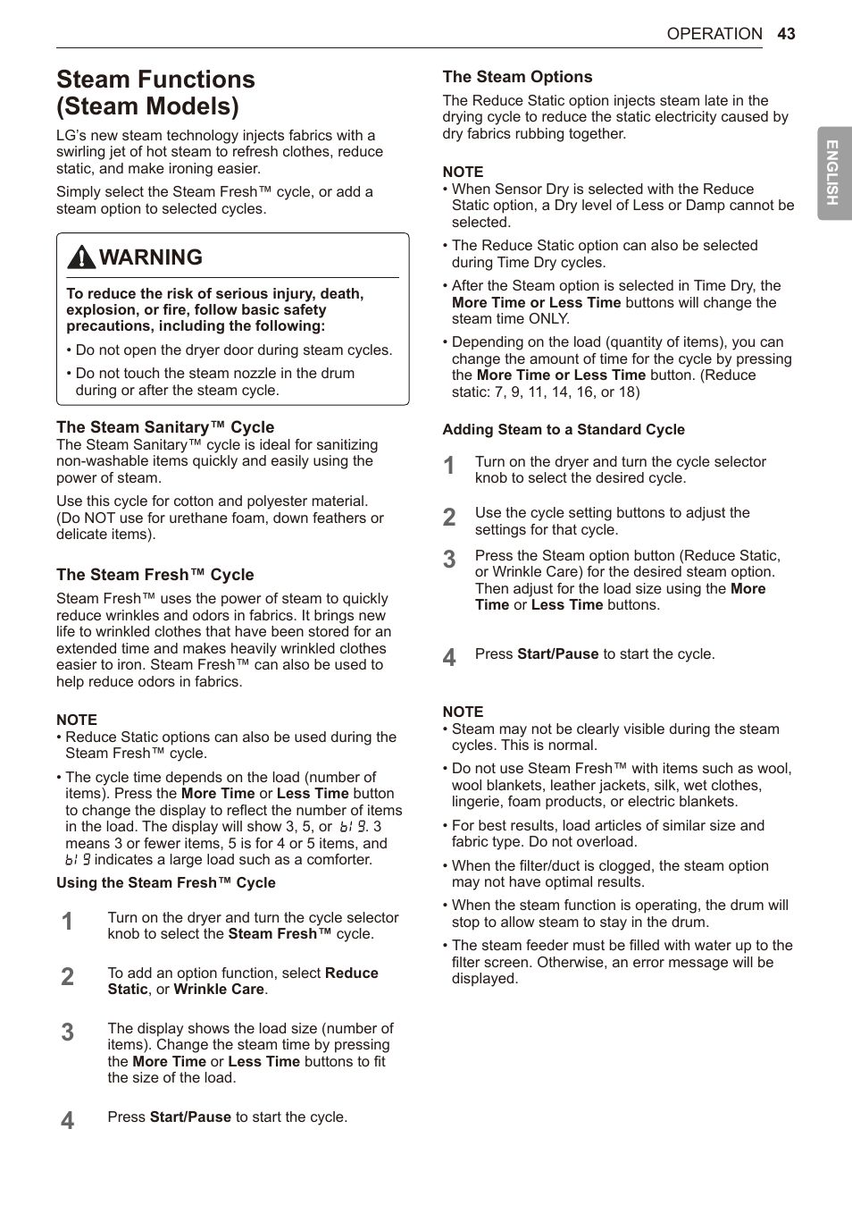 Steam functions (steam models), 43 steam functions, Steam models) | Warning | LG TurboSteam Series 27 Inch Electric Dryer User Manual and Installation Guide User Manual | Page 43 / 124