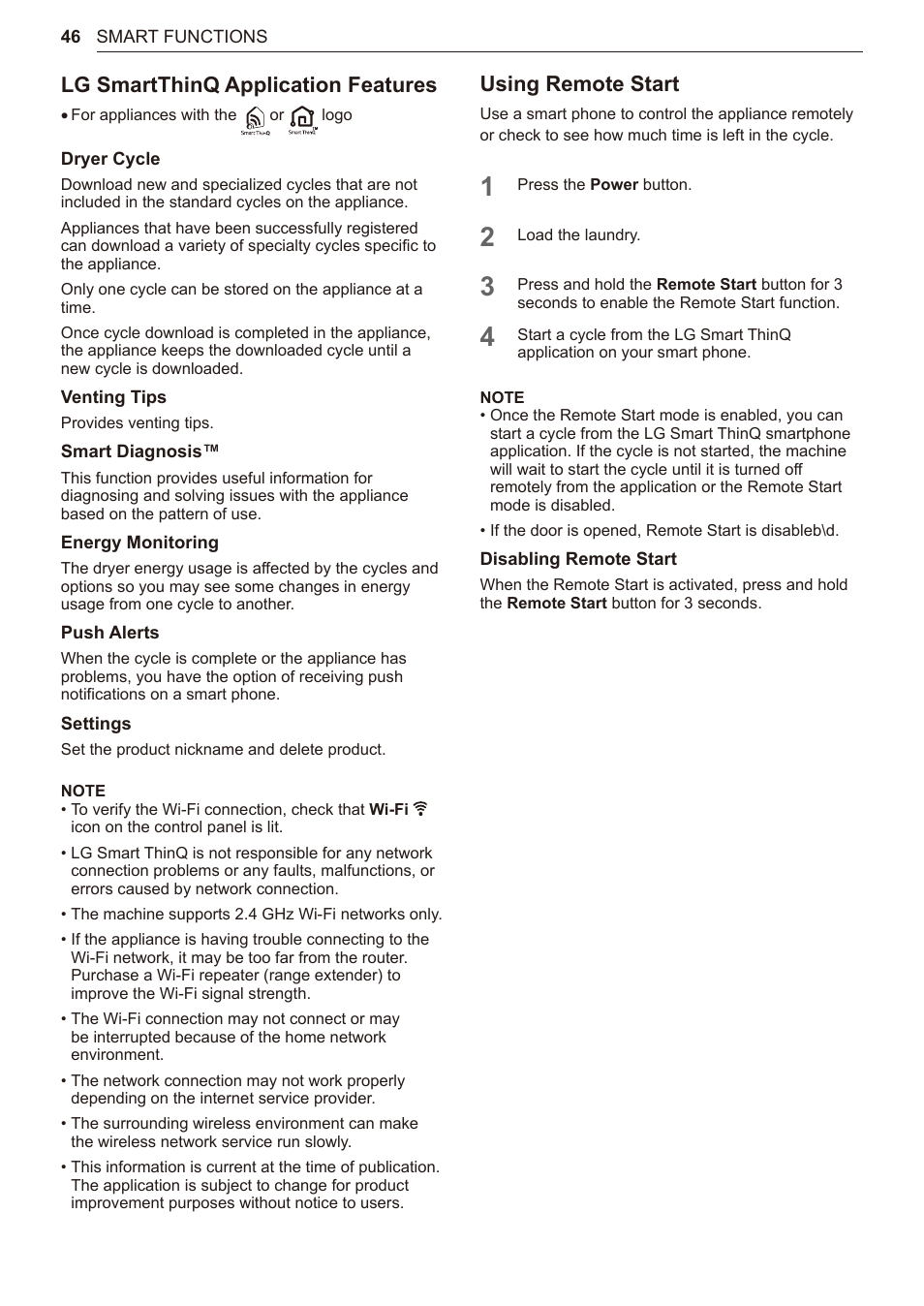 Lg smartthinq application features, Using remote start | LG TurboSteam Series 27 Inch Electric Dryer User Manual and Installation Guide User Manual | Page 46 / 124
