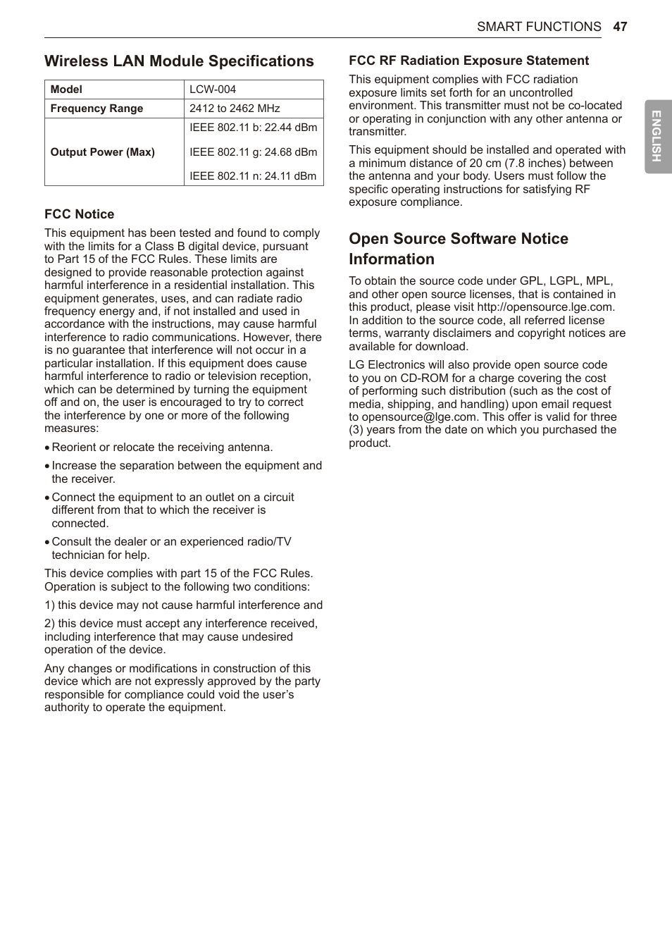 Open source software notice information, Wireless lan module specifications | LG TurboSteam Series 27 Inch Electric Dryer User Manual and Installation Guide User Manual | Page 47 / 124