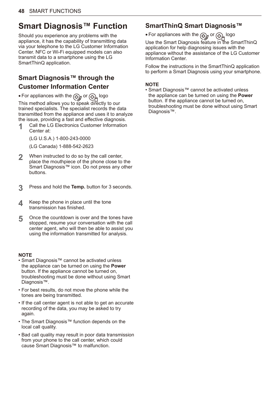 Smart diagnosis™ function, 48 smart diagnosis™ function, Smartthinq smart diagnosis | LG TurboSteam Series 27 Inch Electric Dryer User Manual and Installation Guide User Manual | Page 48 / 124