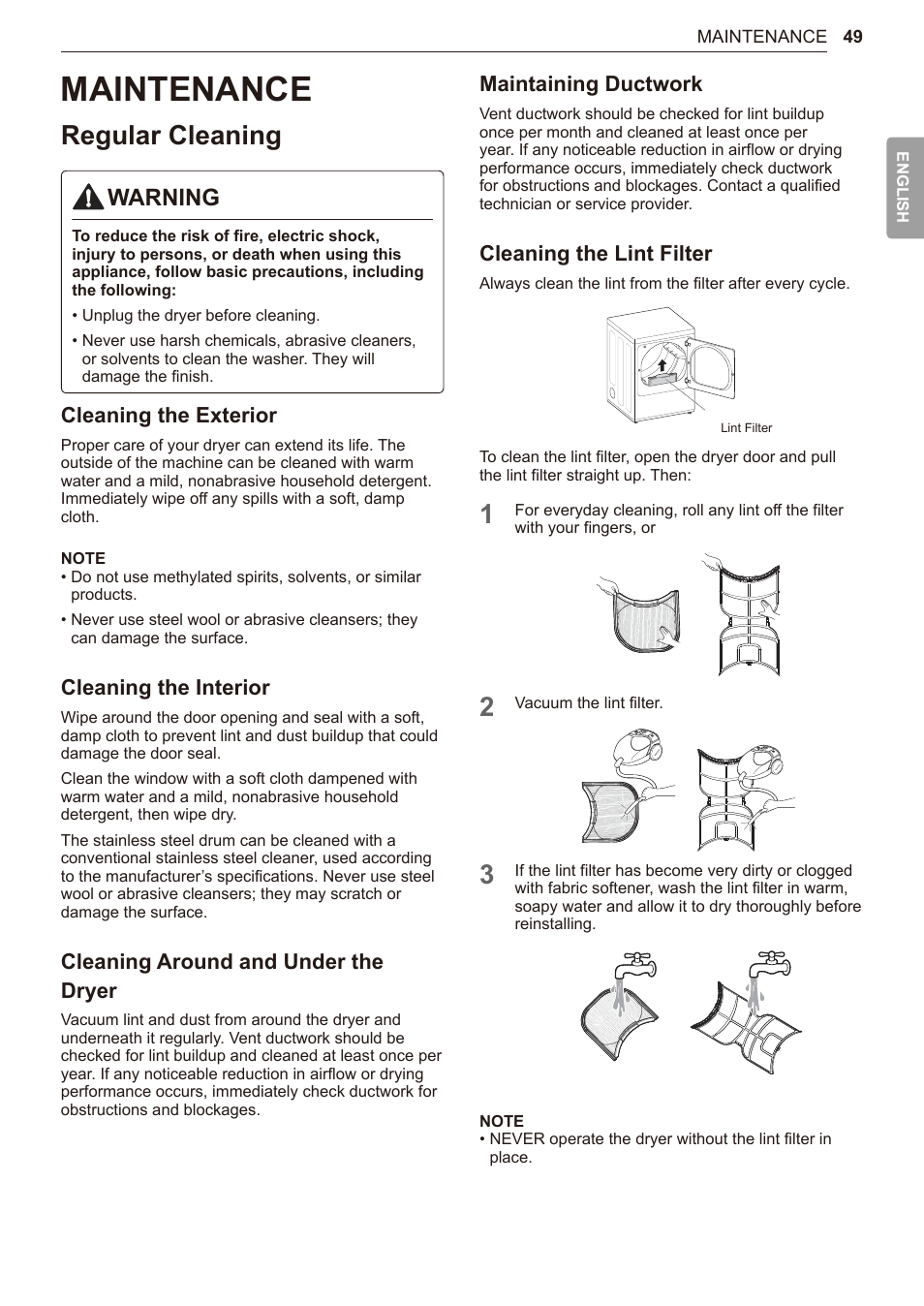 Maintenance, Regular cleaning, 49 maintenance | 49 regular cleaning, Warning, Cleaning the exterior, Cleaning the interior, Cleaning around and under the dryer, Maintaining ductwork, Cleaning the lint filter | LG TurboSteam Series 27 Inch Electric Dryer User Manual and Installation Guide User Manual | Page 49 / 124