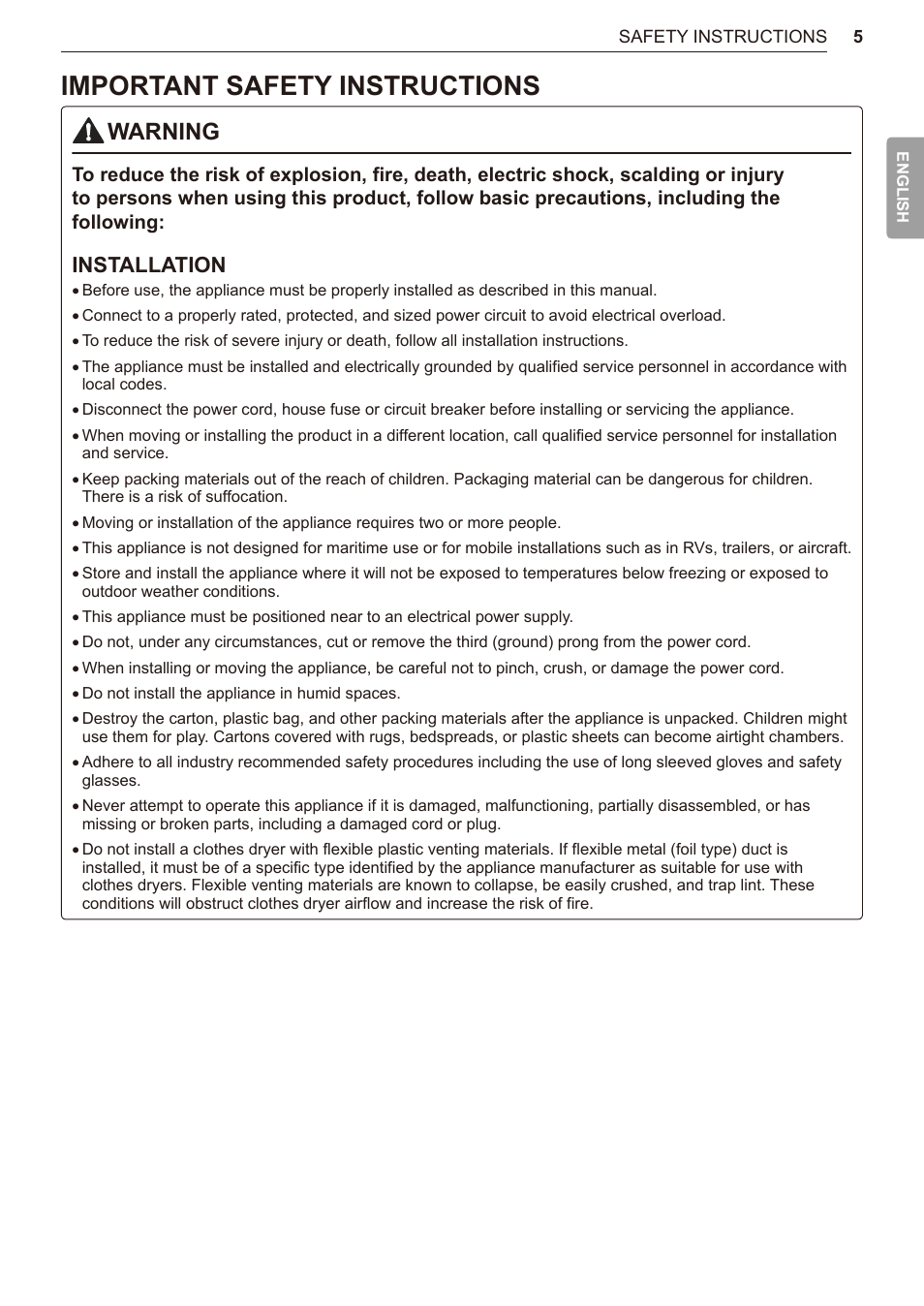 Important safety instructions, Warning, Installation | LG TurboSteam Series 27 Inch Electric Dryer User Manual and Installation Guide User Manual | Page 5 / 124