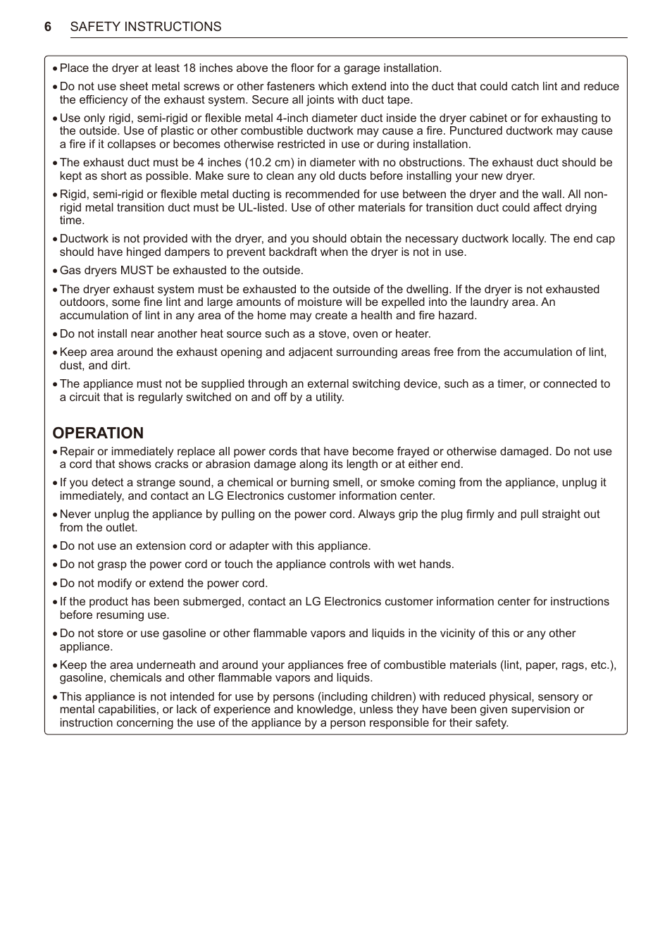 Operation | LG TurboSteam Series 27 Inch Electric Dryer User Manual and Installation Guide User Manual | Page 6 / 124
