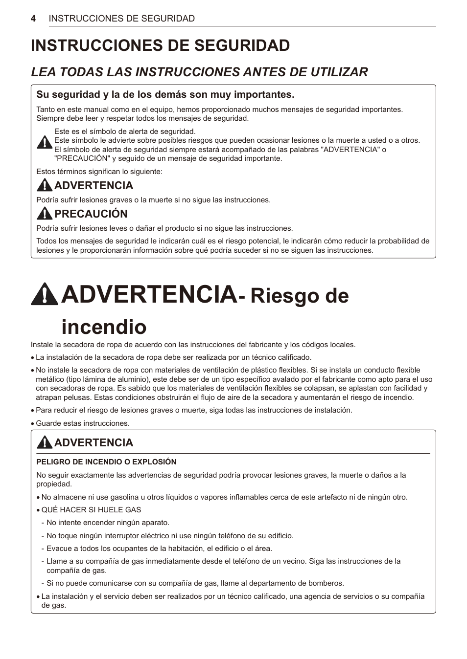 Instrucciones de seguridad, 4 instrucciones de seguridad, Riesgo de incendio | Lea todas las instrucciones antes de utilizar, Advertencia, Precaución | LG TurboSteam Series 27 Inch Electric Dryer User Manual and Installation Guide User Manual | Page 66 / 124