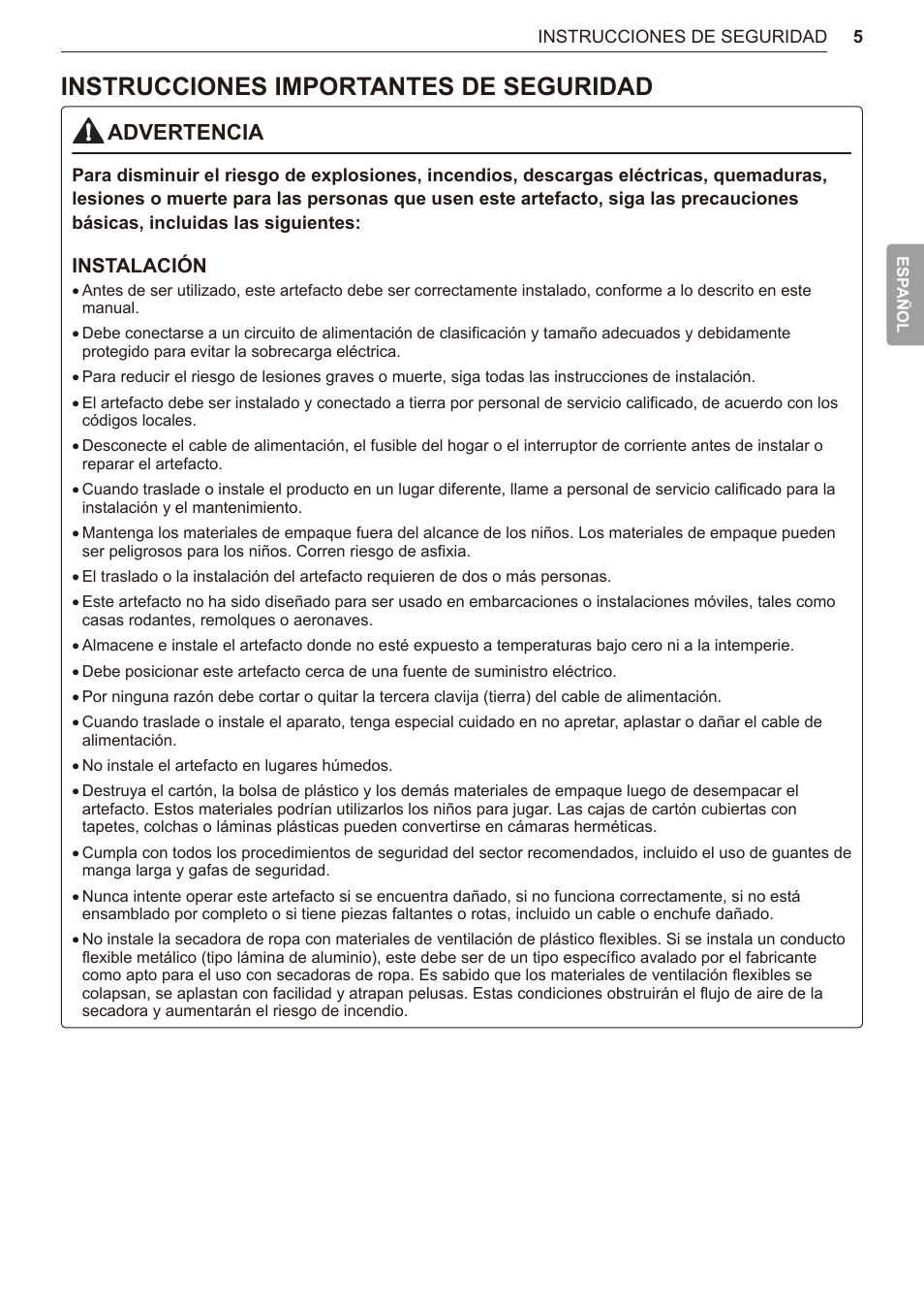 Instrucciones importantes de seguridad, Advertencia, Instalación | LG TurboSteam Series 27 Inch Electric Dryer User Manual and Installation Guide User Manual | Page 67 / 124