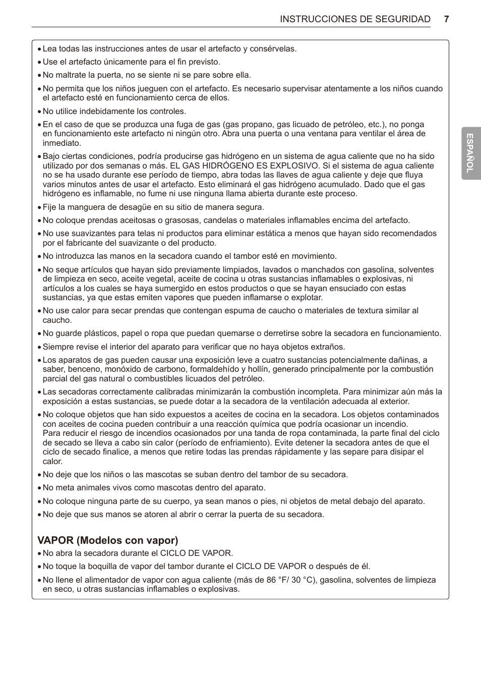 Vapor (modelos con vapor) | LG TurboSteam Series 27 Inch Electric Dryer User Manual and Installation Guide User Manual | Page 69 / 124