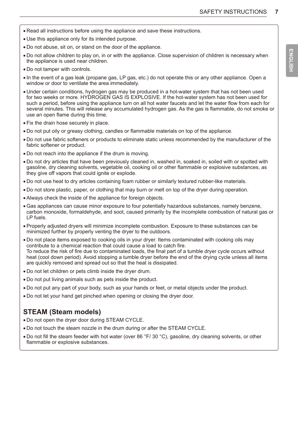 Steam (steam models) | LG TurboSteam Series 27 Inch Electric Dryer User Manual and Installation Guide User Manual | Page 7 / 124