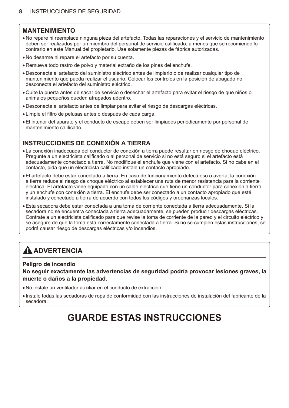 Guarde estas instrucciones, Advertencia | LG TurboSteam Series 27 Inch Electric Dryer User Manual and Installation Guide User Manual | Page 70 / 124