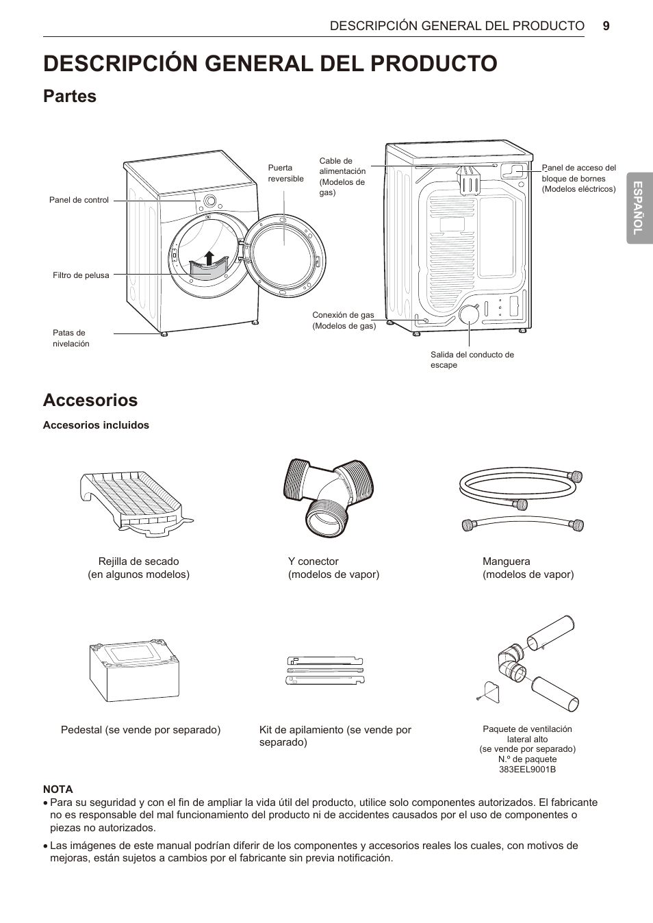 Descripción general del producto, Partes, Accesorios | 9 descripción general del, Producto, 9 partes 9 accesorios, 9descripción general del producto | LG TurboSteam Series 27 Inch Electric Dryer User Manual and Installation Guide User Manual | Page 71 / 124