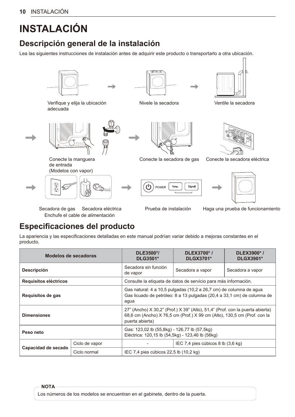 Instalación, Descripción general de la instalación, Especificaciones del producto | 10 instalación | LG TurboSteam Series 27 Inch Electric Dryer User Manual and Installation Guide User Manual | Page 72 / 124