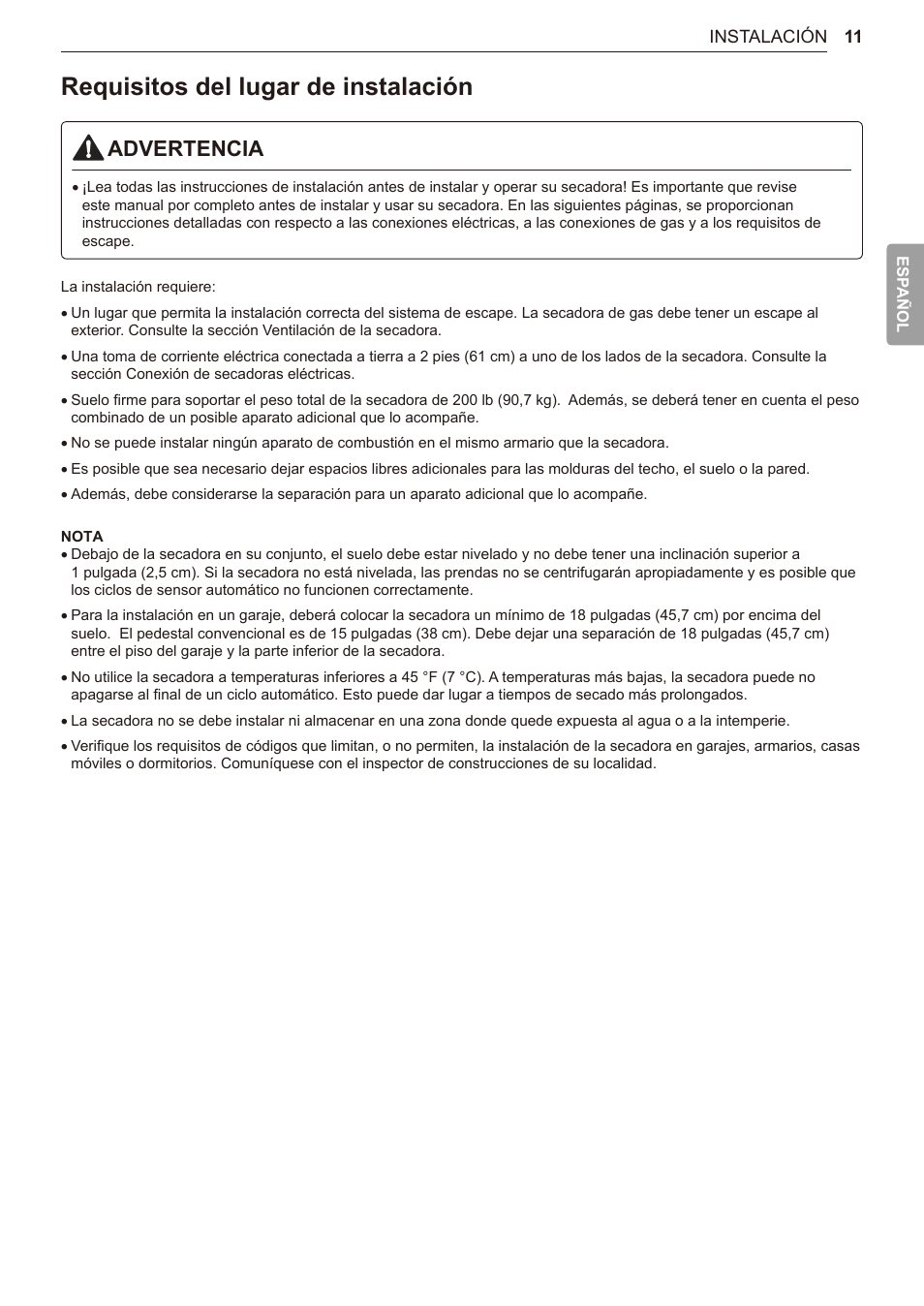 Requisitos del lugar de instalación, 11 requisitos del lugar de instalación, Advertencia | LG TurboSteam Series 27 Inch Electric Dryer User Manual and Installation Guide User Manual | Page 73 / 124