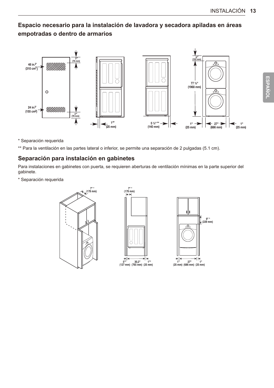 Separación para instalación en gabinetes, 13 instalación, Esp añol | LG TurboSteam Series 27 Inch Electric Dryer User Manual and Installation Guide User Manual | Page 75 / 124