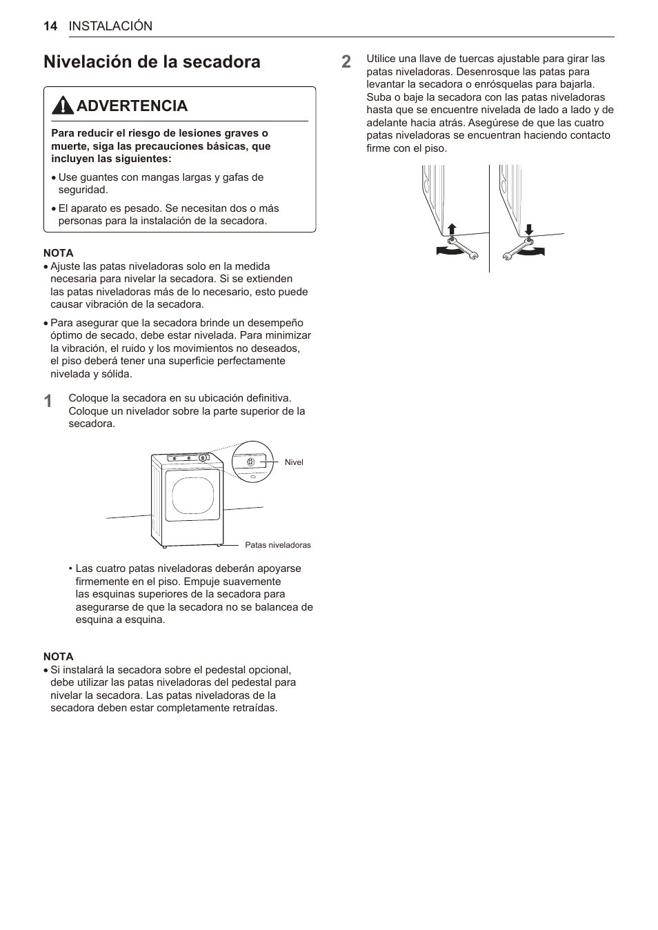 Nivelación de la secadora, 14 nivelación de la secadora, Advertencia | LG TurboSteam Series 27 Inch Electric Dryer User Manual and Installation Guide User Manual | Page 76 / 124