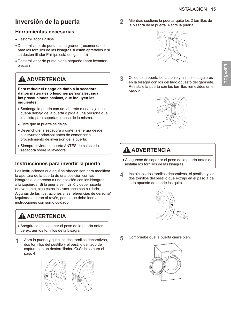 Inversión de la puerta, 15 inversión de la puerta, Advertencia | Herramientas necesarias, Instrucciones para invertir la puerta | LG TurboSteam Series 27 Inch Electric Dryer User Manual and Installation Guide User Manual | Page 77 / 124