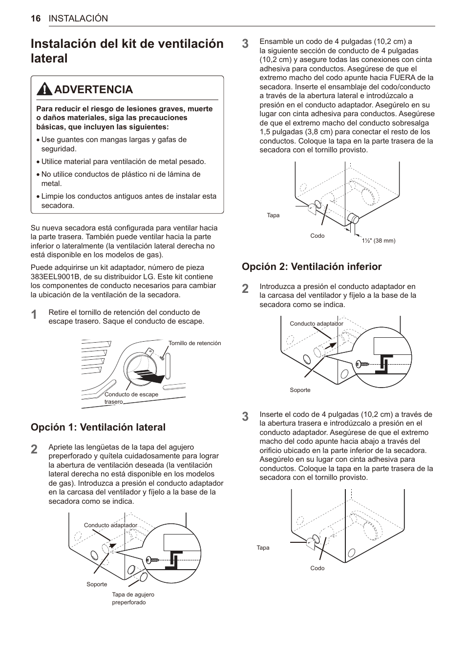 Instalación del kit de ventilación lateral, 16 instalación del kit de ventilación lateral, Advertencia | Opción 1: ventilación lateral, Opción 2: ventilación inferior | LG TurboSteam Series 27 Inch Electric Dryer User Manual and Installation Guide User Manual | Page 78 / 124