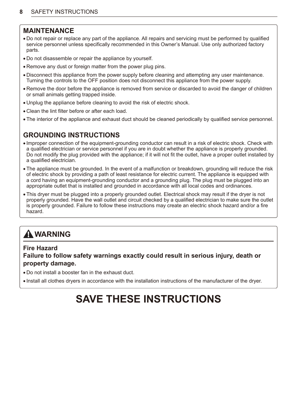 Save these instructions, Warning, Maintenance | Grounding instructions | LG TurboSteam Series 27 Inch Electric Dryer User Manual and Installation Guide User Manual | Page 8 / 124