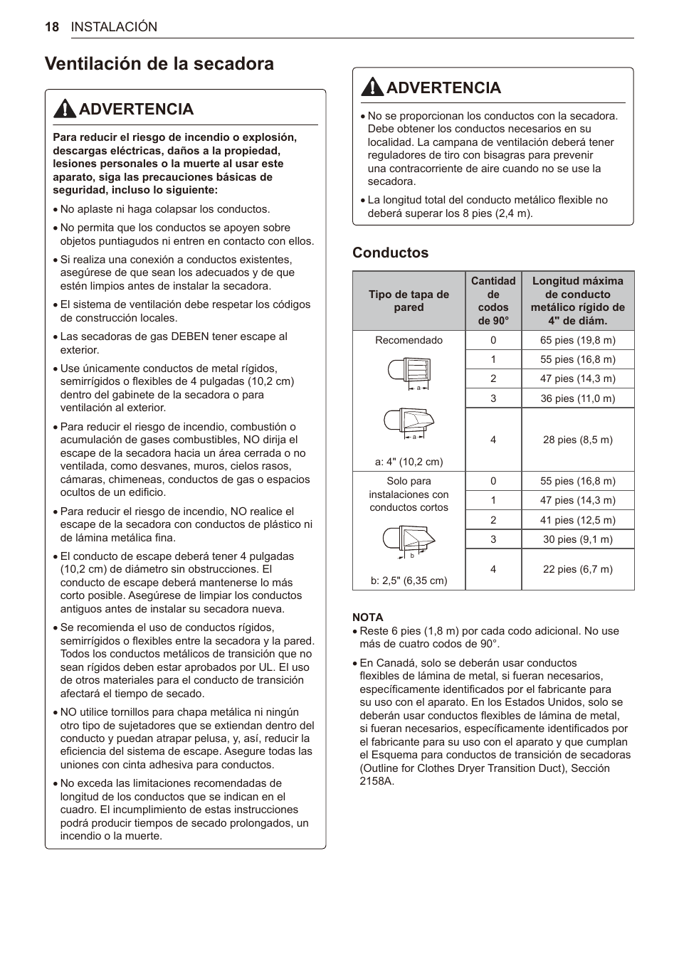 Ventilación de la secadora, 18 ventilación de la secadora, Advertencia | Conductos | LG TurboSteam Series 27 Inch Electric Dryer User Manual and Installation Guide User Manual | Page 80 / 124