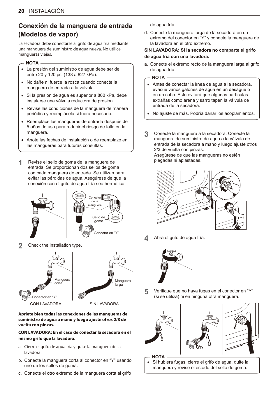 20 conexión de la manguera de entrada, Modelos de vapor) | LG TurboSteam Series 27 Inch Electric Dryer User Manual and Installation Guide User Manual | Page 82 / 124