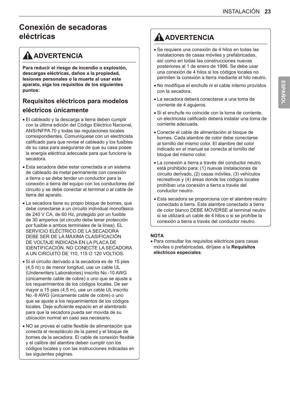 Conexión de secadoras eléctricas, 23 conexión de secadoras eléctricas, Advertencia | LG TurboSteam Series 27 Inch Electric Dryer User Manual and Installation Guide User Manual | Page 85 / 124