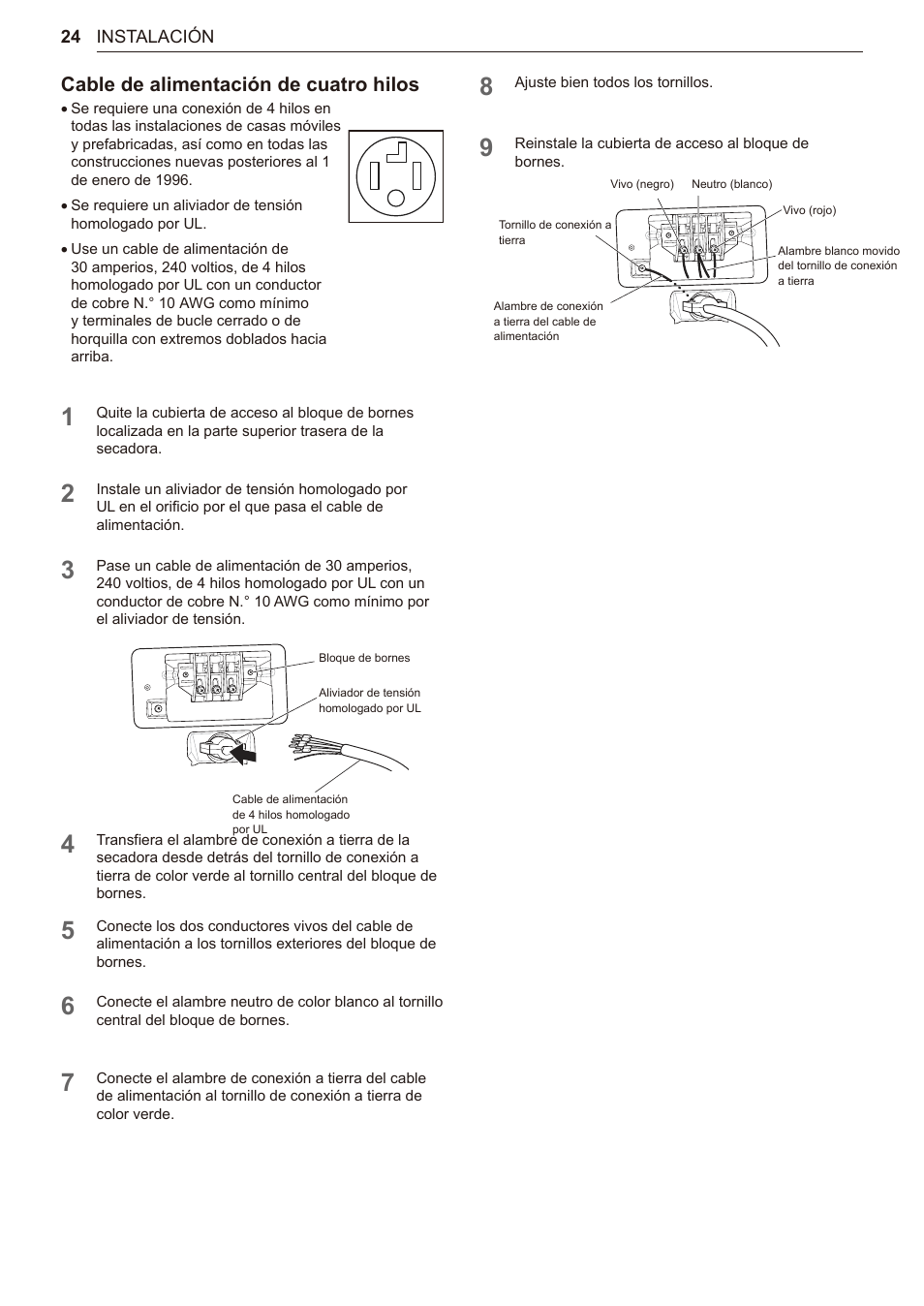 Cable de alimentación de cuatro hilos | LG TurboSteam Series 27 Inch Electric Dryer User Manual and Installation Guide User Manual | Page 86 / 124