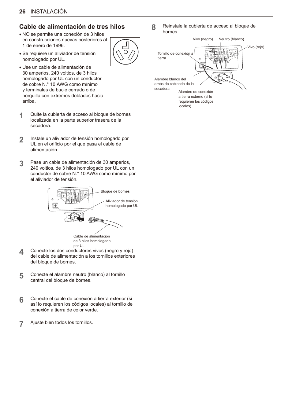 Cable de alimentación de tres hilos | LG TurboSteam Series 27 Inch Electric Dryer User Manual and Installation Guide User Manual | Page 88 / 124