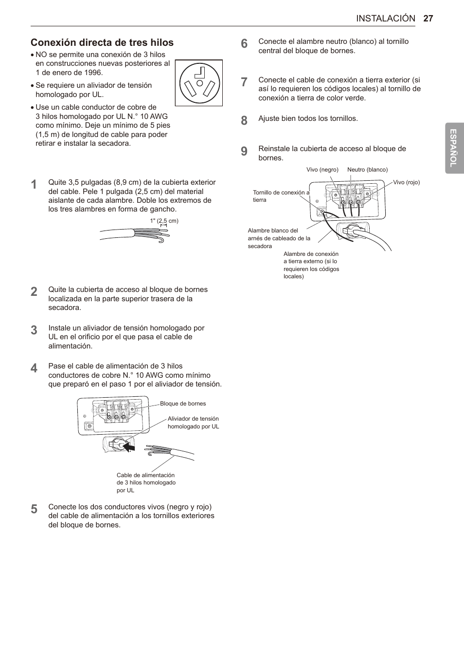 Conexión directa de tres hilos | LG TurboSteam Series 27 Inch Electric Dryer User Manual and Installation Guide User Manual | Page 89 / 124