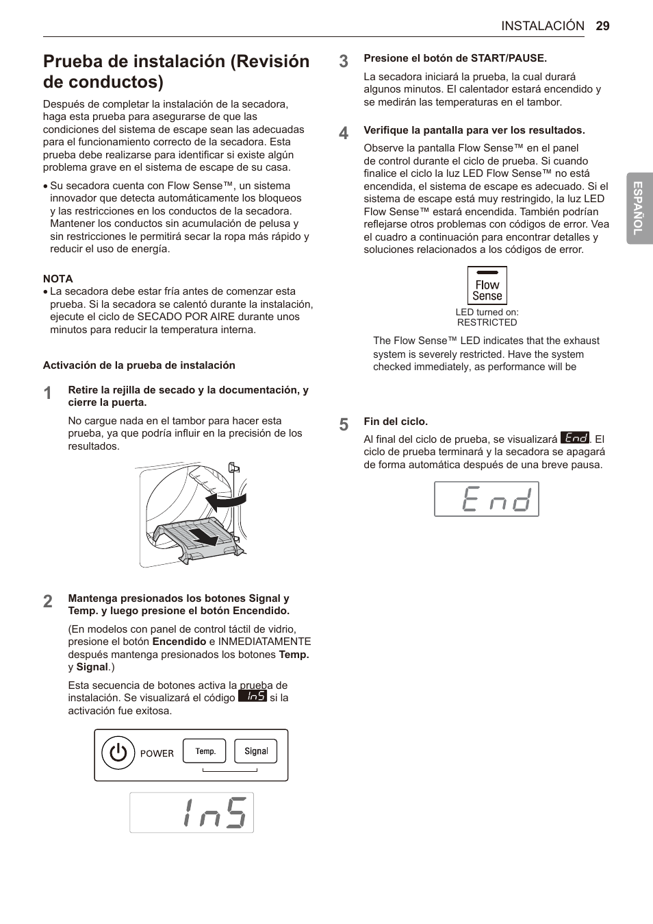 Prueba de instalación (revisión de conductos), 29 prueba de instalación (revisión de conductos) | LG TurboSteam Series 27 Inch Electric Dryer User Manual and Installation Guide User Manual | Page 91 / 124