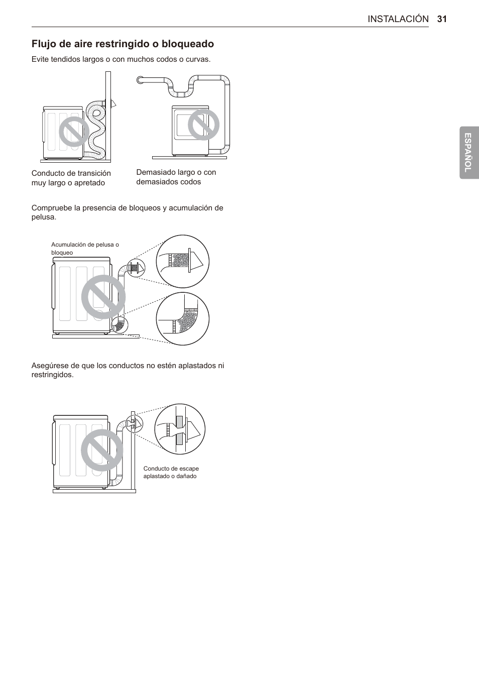 Flujo de aire restringido o bloqueado | LG TurboSteam Series 27 Inch Electric Dryer User Manual and Installation Guide User Manual | Page 93 / 124