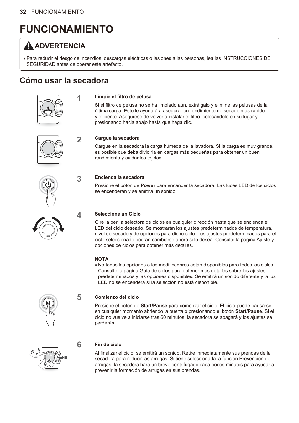 Funcionamiento, Cómo usar la secadora, 32 funcionamiento | 32 cómo usar la secadora, Advertencia | LG TurboSteam Series 27 Inch Electric Dryer User Manual and Installation Guide User Manual | Page 94 / 124