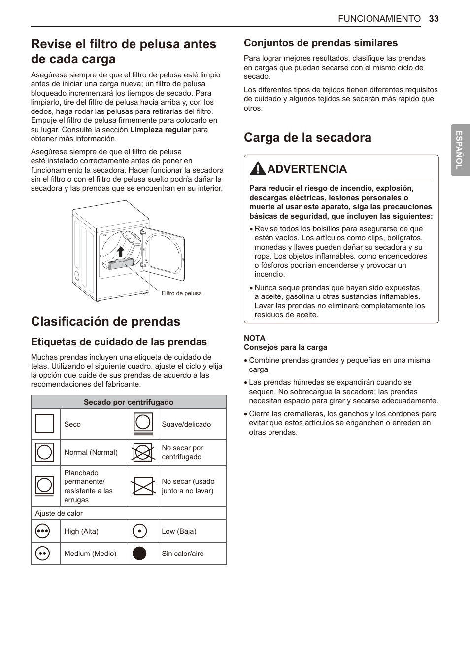 Revise el filtro de pelusa antes de cada carga, Clasificación de prendas, Carga de la secadora | Advertencia, Etiquetas de cuidado de las prendas, Conjuntos de prendas similares | LG TurboSteam Series 27 Inch Electric Dryer User Manual and Installation Guide User Manual | Page 95 / 124