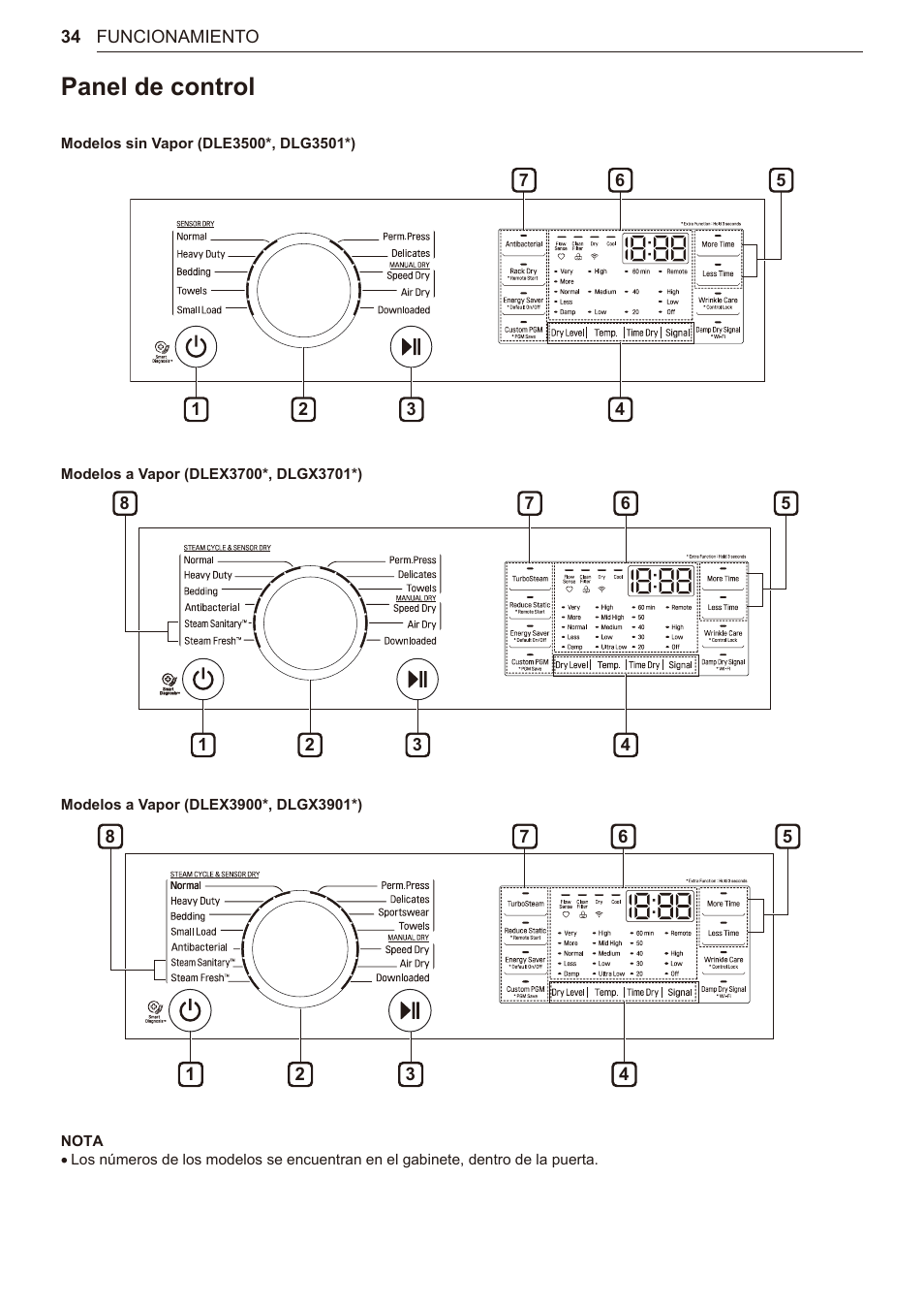 Panel de control, 34 panel de control | LG TurboSteam Series 27 Inch Electric Dryer User Manual and Installation Guide User Manual | Page 96 / 124