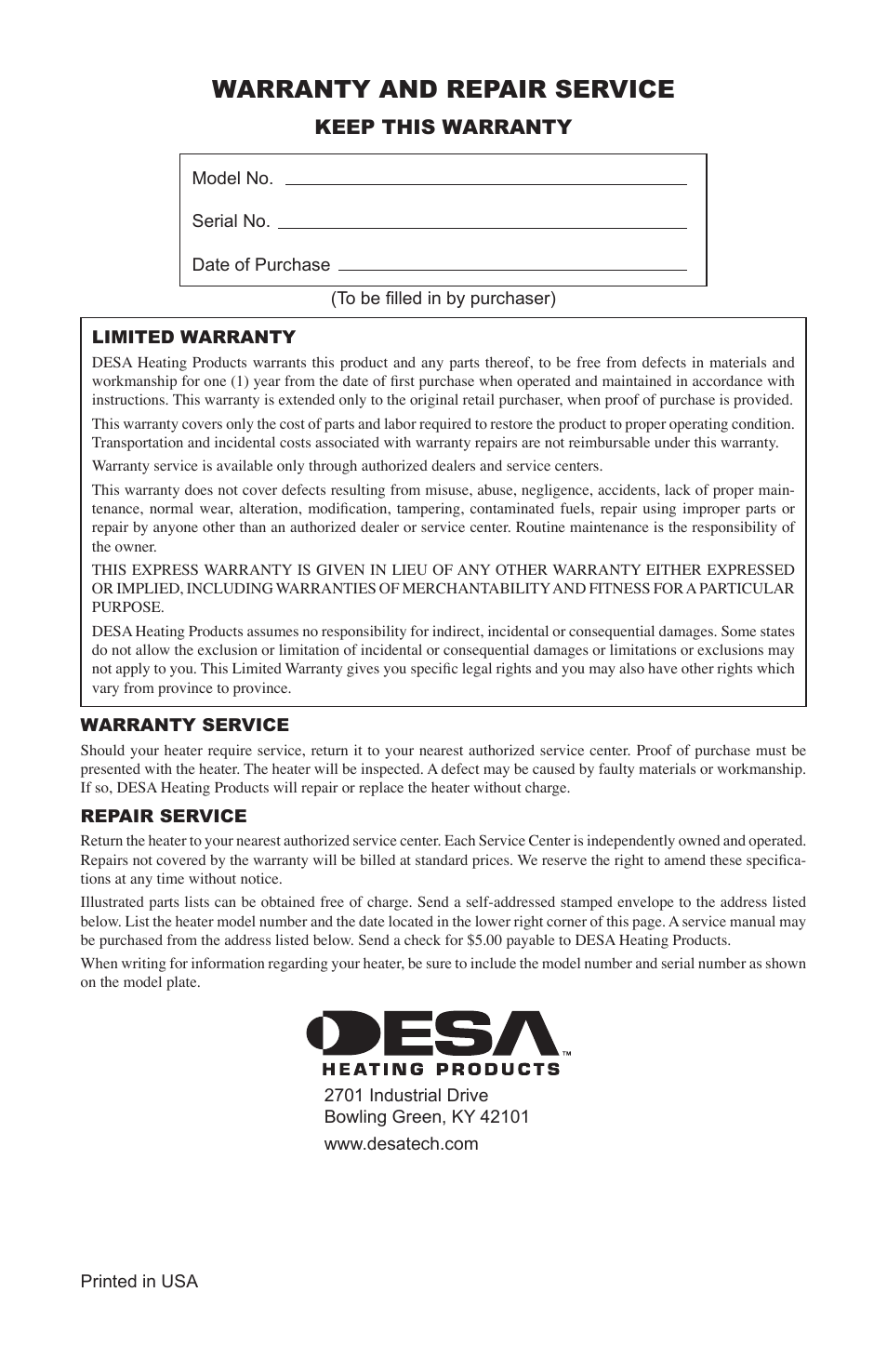 Warranty and repair service, Keep this warranty | Desa 280-IF User Manual | Page 16 / 48